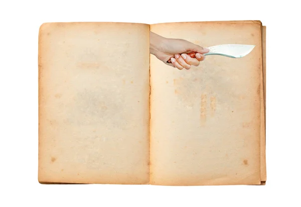 Open old book with image of Hand holding thai traditional knife with talisman symbol — Stock Photo, Image