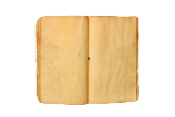 En gammal öppen bok med tomma gul färgade sidor — Stockfoto
