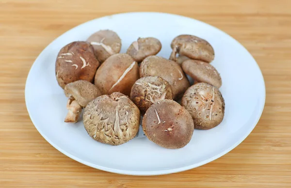 Cogumelo shiitake na placa branca contra fundo de madeira — Fotografia de Stock