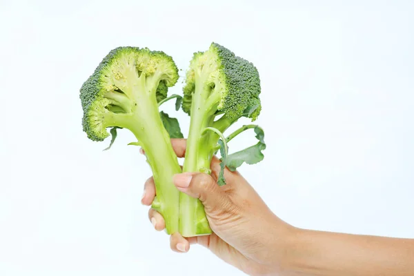 Mulher mão segurando Bunch de brócolis verde fresco no fundo branco — Fotografia de Stock