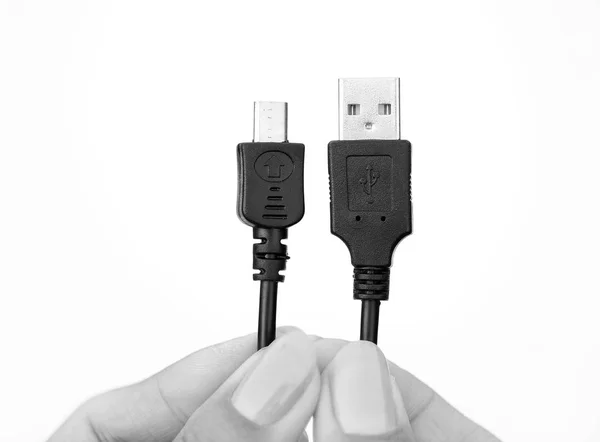 Χέρι που κρατά Usb σε micro usb καλώδιο σε λευκό φόντο — Φωτογραφία Αρχείου