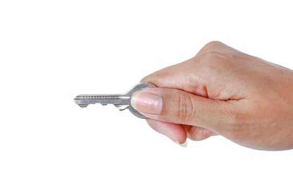 Närbild foto av handen håller nycklar, isolerad på vit bakgrund — Stockfoto