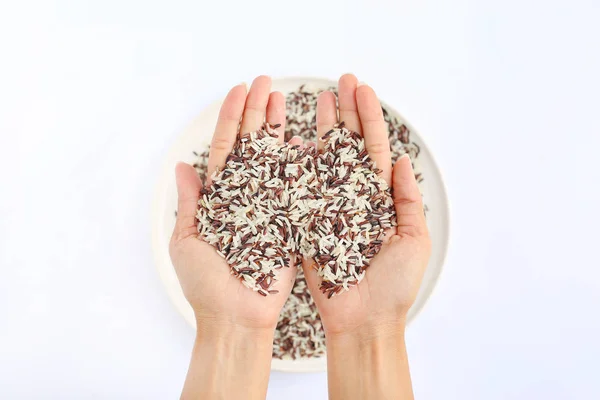 Hand holding Jasmine red and white rice on white plate against white background — Stock Photo, Image