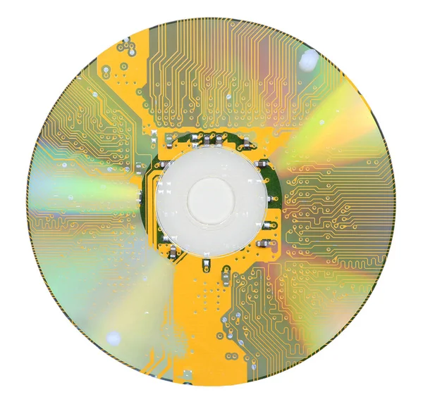 磁盘 Dvd 或 Cd 与电子电路背景. — 图库照片