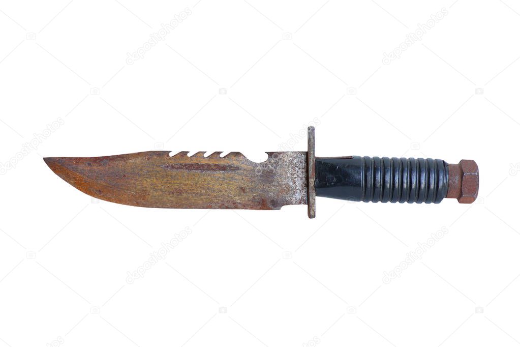 Rusty old knife with black rubber handle isolated on a white background