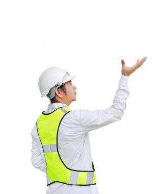 Erkek inşaat işçisi ifade el kadar izole üzerinde beyaz arka plan