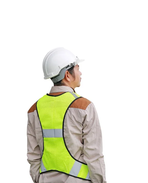 Beyaz arka plan üzerinde izole erkek inşaat işçisi arkadan görünüm — Stok fotoğraf