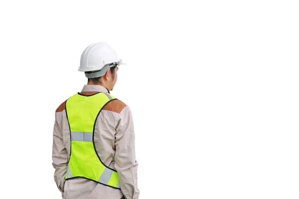 Vista posterior del trabajador de la construcción masculino aislado sobre fondo blanco — Foto de Stock