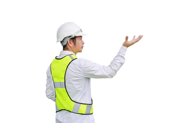 Hombre trabajador de la construcción expresión mano arriba aislado sobre fondo blanco — Foto de Stock