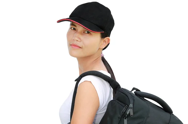 Ασιατικές κορίτσι με τσάντα πηγαίνει σε ένα ταξίδι σε λευκό φόντο — Φωτογραφία Αρχείου