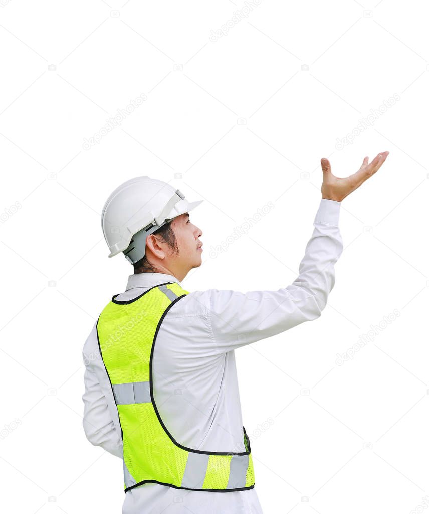 Male construction worker expression hand up isolated on white background