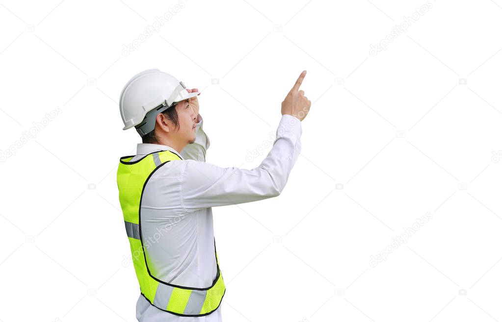 Male construction worker pointing up isolated on white background