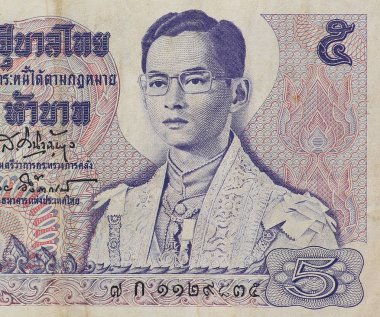 Vintage Tayland Kralı Bhumibol Adulyadej banknot üzerinde görüntüsünü kapatın. 10 Tayland Bahtı Tayland banknot.