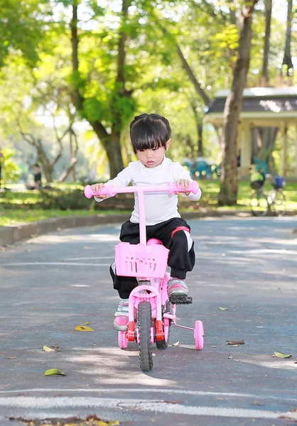 Маленькая азиатская девочка катается на велосипеде в парке — стоковое фото