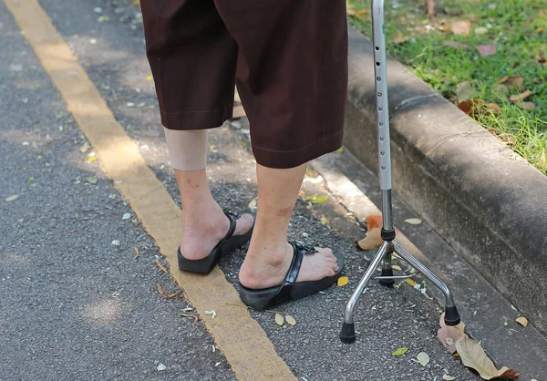 Mujer mayor caminando con palo de aluminio en el parque —  Fotos de Stock