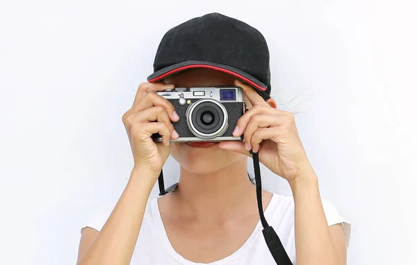 Close-up van Aziatische vrouwen werd gefotografeerd op witte achtergrond — Stockfoto