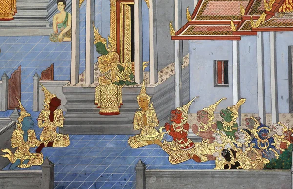 Arte tradicional de pintura tailandesa sobre la historia del Ramayana en exhibición en la pared del templo —  Fotos de Stock