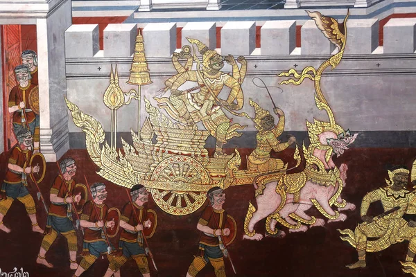 Tradizionale arte pittura thailandese su Ramayana storia in mostra al muro del tempio — Foto Stock