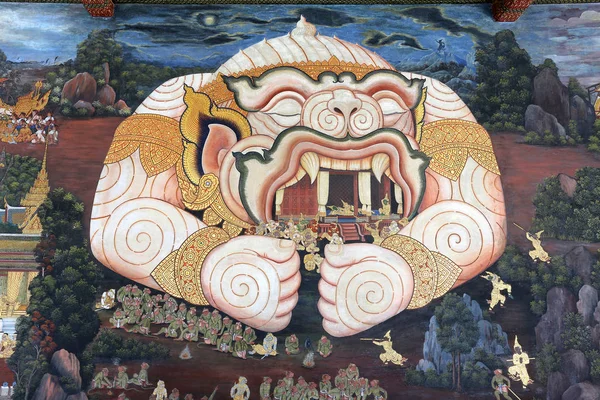 Hagyományos Thai festészetének Rámájana történet a templom falán van kiállítva — Stock Fotó