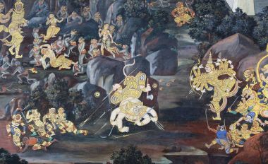 Geleneksel Tay resim sanatı Tapınağı Duvar ekranda Ramayana hikayesi