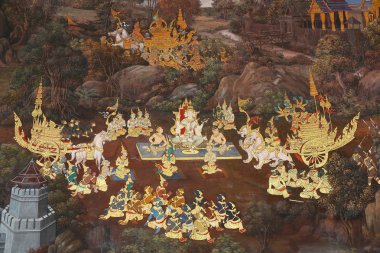 Geleneksel Tay resim sanatı Tapınağı Duvar ekranda Ramayana hikayesi