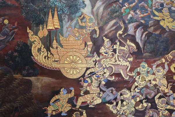 Tradycyjny tajski malarstwo sztuka o Ramayana historię na wystawie ściany świątyni — Zdjęcie stockowe