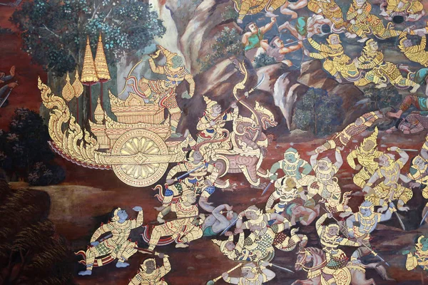 Traditionella thailändska oljemålning art om Ramayana berättelse utställda på templet väggen — Stockfoto