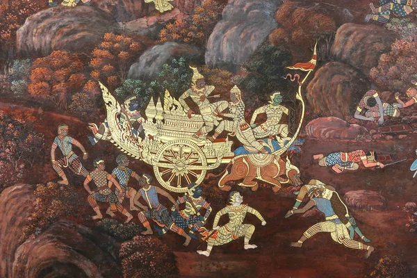 Arte tradicional de pintura tailandesa sobre a história do Ramayana em exposição na parede do templo — Fotografia de Stock