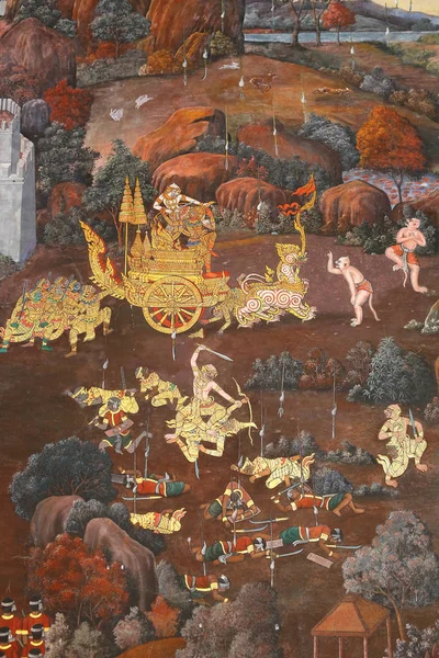 Arte tradicional de pintura tailandesa sobre a história do Ramayana em exposição na parede do templo — Fotografia de Stock