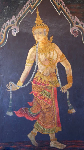罗摩衍那故事在寺庙墙上展出传统泰国绘画艺术 — 图库照片
