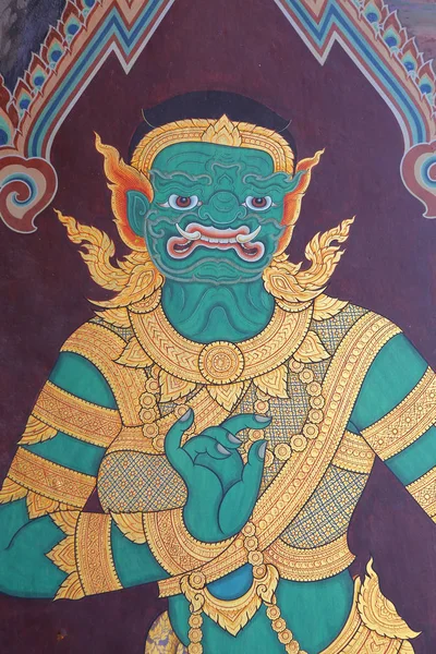 Arte tradicional de pintura tailandesa sobre a história do Ramayana em exposição na parede do templo — Fotografia de Stock