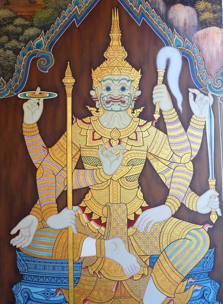 Traditionella thailändska oljemålning art om Ramayana berättelse utställda på templet väggen — Stockfoto