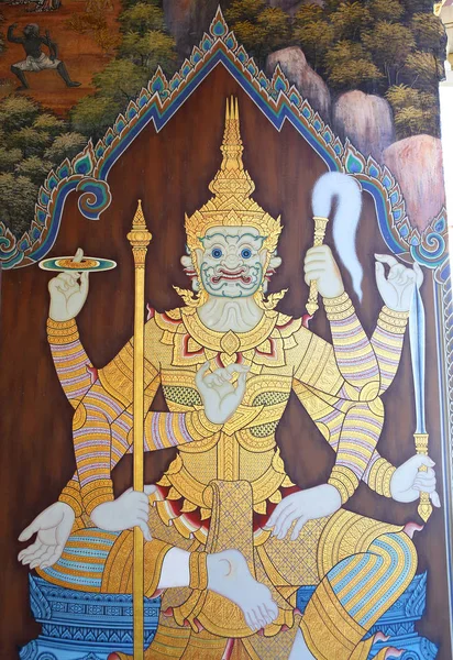 Traditionella thailändska oljemålning art om Ramayana berättelse utställda på templet väggen — Stockfoto