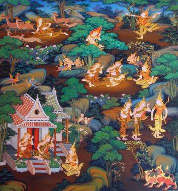 Watmanow, Bangkok, Tayland, tapınak duvarındaki Buda hikayesi eski geleneksel Tay tarzı resim sanatının şaheser