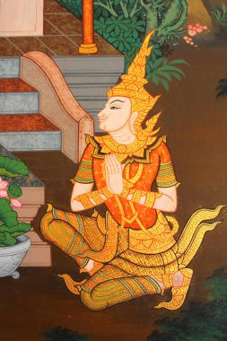 Watmanow, Bangkok, Tayland, tapınak duvarındaki Buda hikayesi eski geleneksel Tay tarzı resim sanatının şaheser