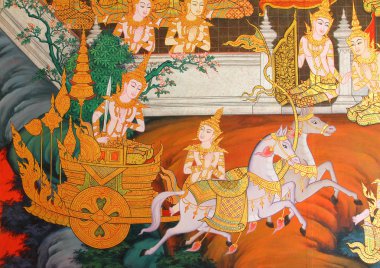 Watmanow, Bangkok, Tayland, tapınak duvarındaki Buda hikayesi eski geleneksel Tay tarzı resim sanatının şaheser