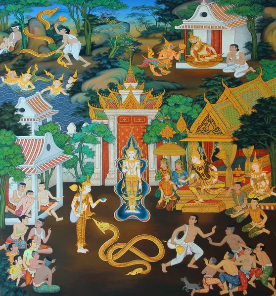Mistrovské umění tradiční thajské stylu malby staré o příběhu Buddha v chrámu zdi v Watmanow, Bangkok, Thajsko — Stock fotografie