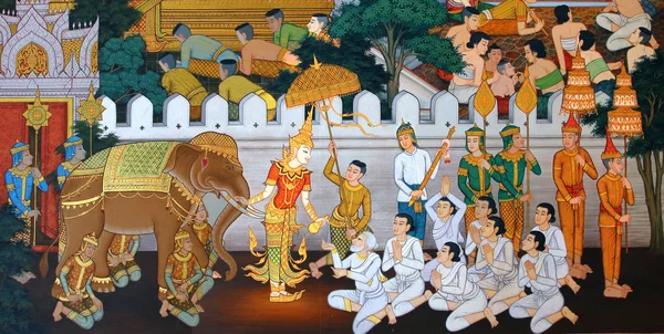 Meesterwerk van traditionele Thaise stijl schilderij kunst oude over Boeddha verhaal op muur van de tempel van Watmanow, Bangkok, Thailand — Stockfoto