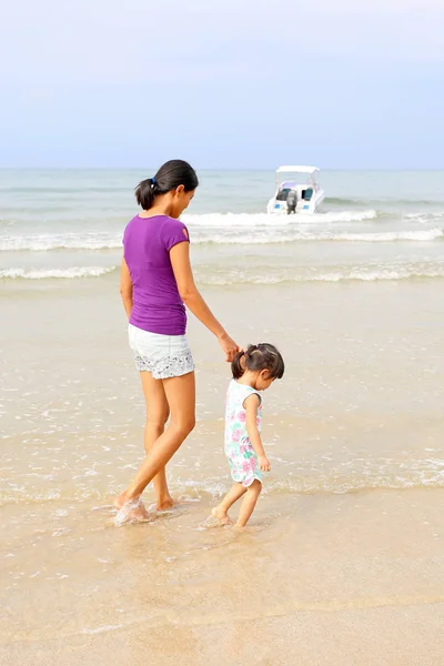 Mother and daughter walking along tropical beach