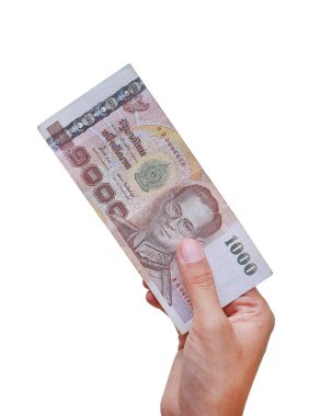 Beyaz arka plan üzerinde bin banyo Tay para veren el