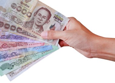 Beyaz arka plan üzerinde izole Tay para tutan el