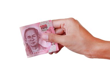 Beyaz arka plan üzerinde yüz banyo Tay para veren el.