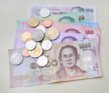 Tayland kağıt para ve sikkeler üzerinde krem deri arka plan