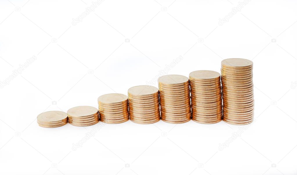 Growing of gold coins stack on white background, Business Finance and Money concept.