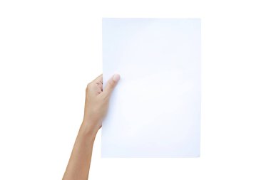 Beyaz arka plan üzerinde izole kağıt tutan kadın el.