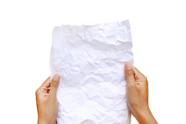Frauenhände halten zerknülltes Papier vor weißem Hintergrund. — Stockfoto