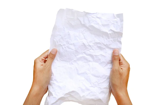 Vrouw handen met vierkant verfrommeld papier tegen de witte achtergrond. — Stockfoto