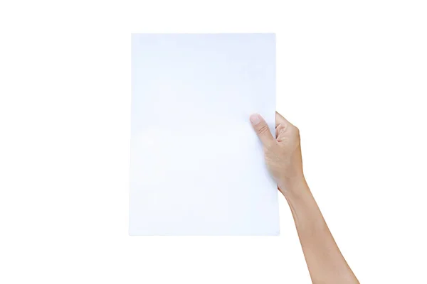 Vrouw hand met vel papier geïsoleerd op witte achtergrond. — Stockfoto