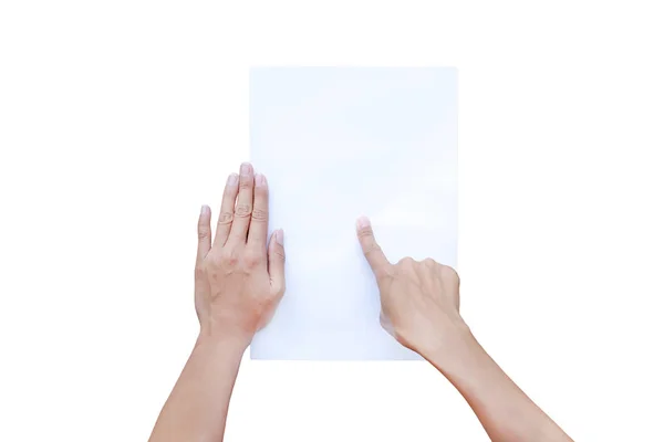 Woman's finger pointing and touching on paper isolated on white background, Education concept. — Stock Photo, Image