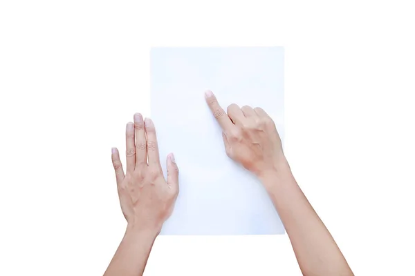 Dedo da mulher apontando e tocando no papel isolado em fundo branco, conceito de educação . — Fotografia de Stock